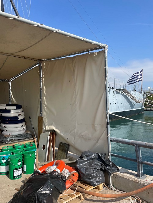 Ferryl 25 kilo cans of lubricants on Averof repository